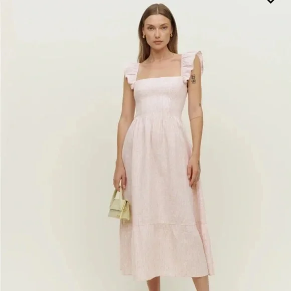 Reformation Lucila Linen Dress in Cupcake Stripe Pink & White- Midi Dress Size 0 - Picture 2 of 8